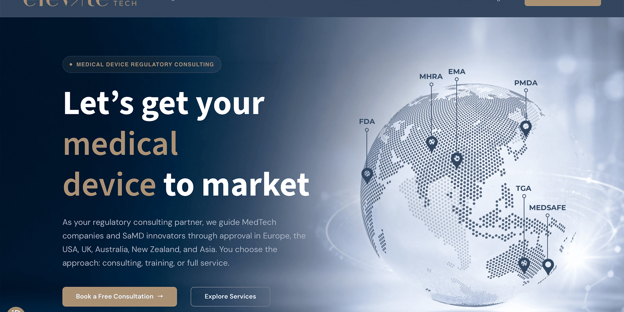 Elevate MedTech website homepage showing a globe with the FDA, EMA, MHRA, PMDA, TGA and Medsafe regulatory authorities marked.