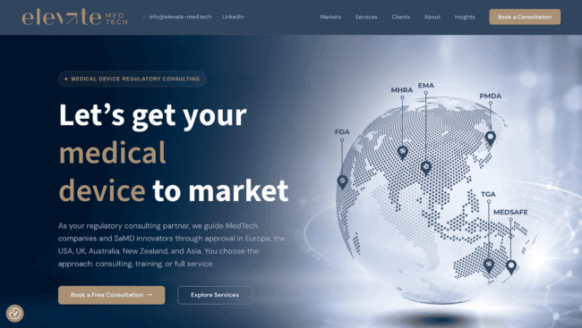 Elevate MedTech website homepage showing a globe with the FDA, EMA, MHRA, PMDA, TGA and Medsafe regulatory authorities marked.