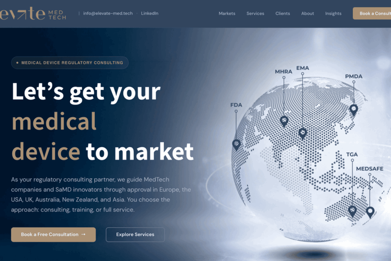 Elevate-MedTech-relaunch-press-release-website Elevate MedTech website homepage showing a globe with the FDA, EMA, MHRA, PMDA, TGA and Medsafe regulatory authorities marked.